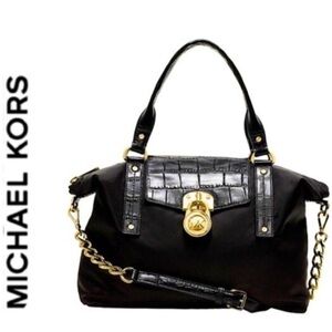 MK Hamilton Nylon & Croc Embossed Leather Satchel/Crossbody bag Silver Hardware